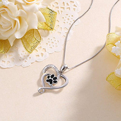 Dog Pet Paw Print Love Heart Sterling Silver Necklace