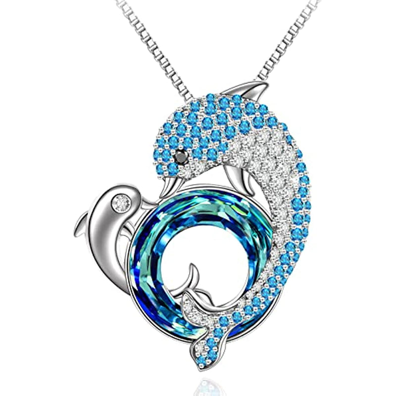 Dolphin With Blue Circle Crystal Necklace Sterling Silver