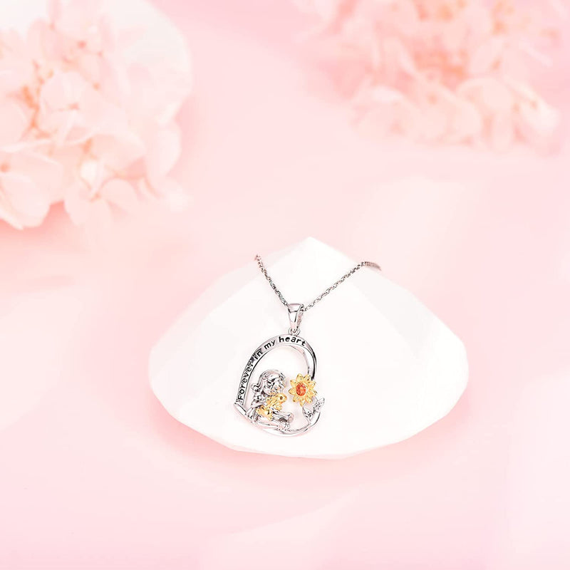 Bunny Rabbit And Girl Sunflower Sterling Silver Heart Necklace