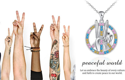 Peace Sign With Victory Finger Sterling Silver Necklace