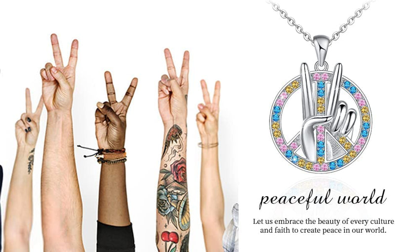 Peace Sign With Victory Finger Sterling Silver Necklace