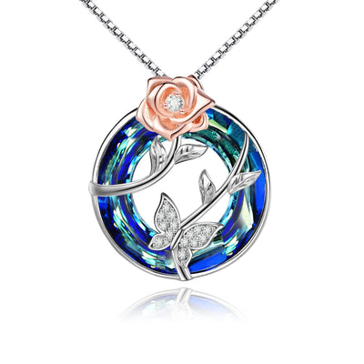 Rose Butterfly With Blue Crystal Sterling Silver Necklace