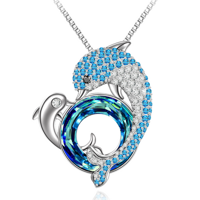 Dolphin With Blue Circle Crystal Necklace Sterling Silver