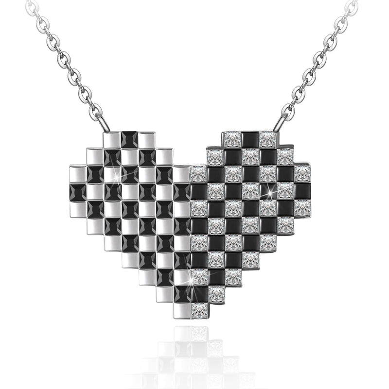 Checkerboard Chess Love Heart Sterling Silver Necklace
