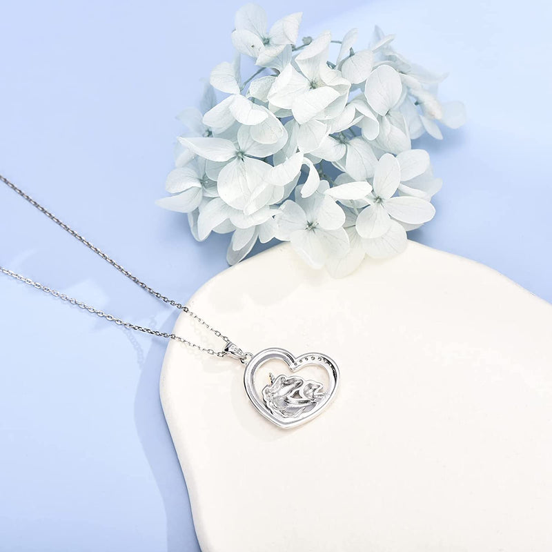 Mom And Baby Unicorn Love Heart Sterling Silver Necklace