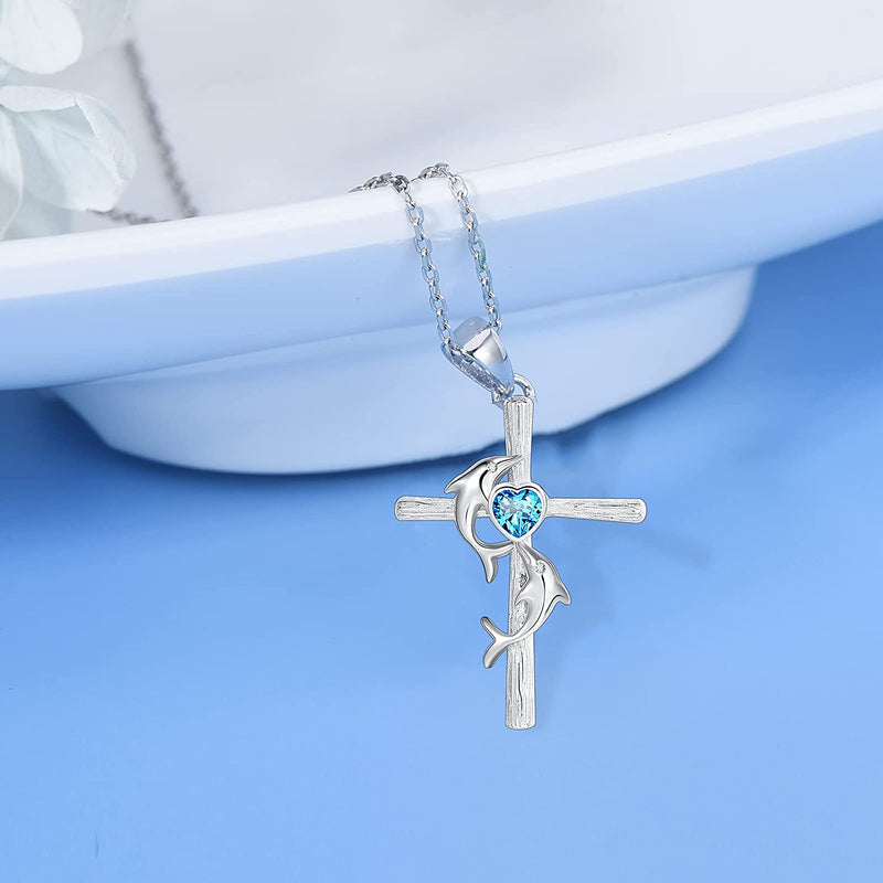 Double Dolphin Cross Sterling Silver Necklace