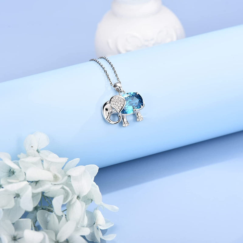 Cute Elephant Blue GEM Sterling Silver Necklace