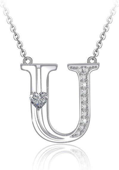 Initial Letter Heart Cubic Zirconia Sterling Silver Necklace