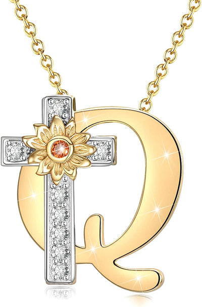 Initial Sunflower Cross Sterling Silver Necklace