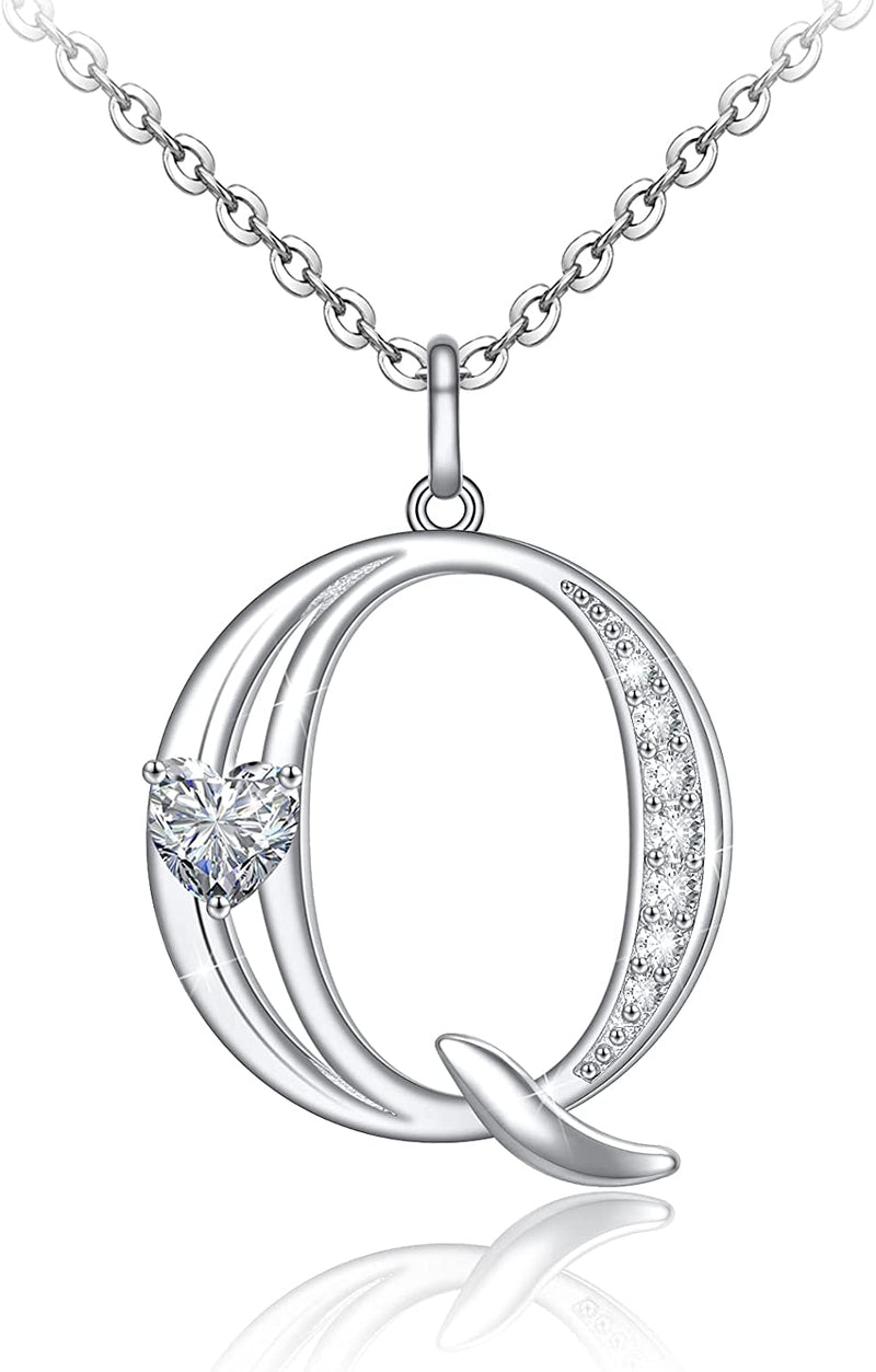 Initial Letter Heart Cubic Zirconia Sterling Silver Necklace