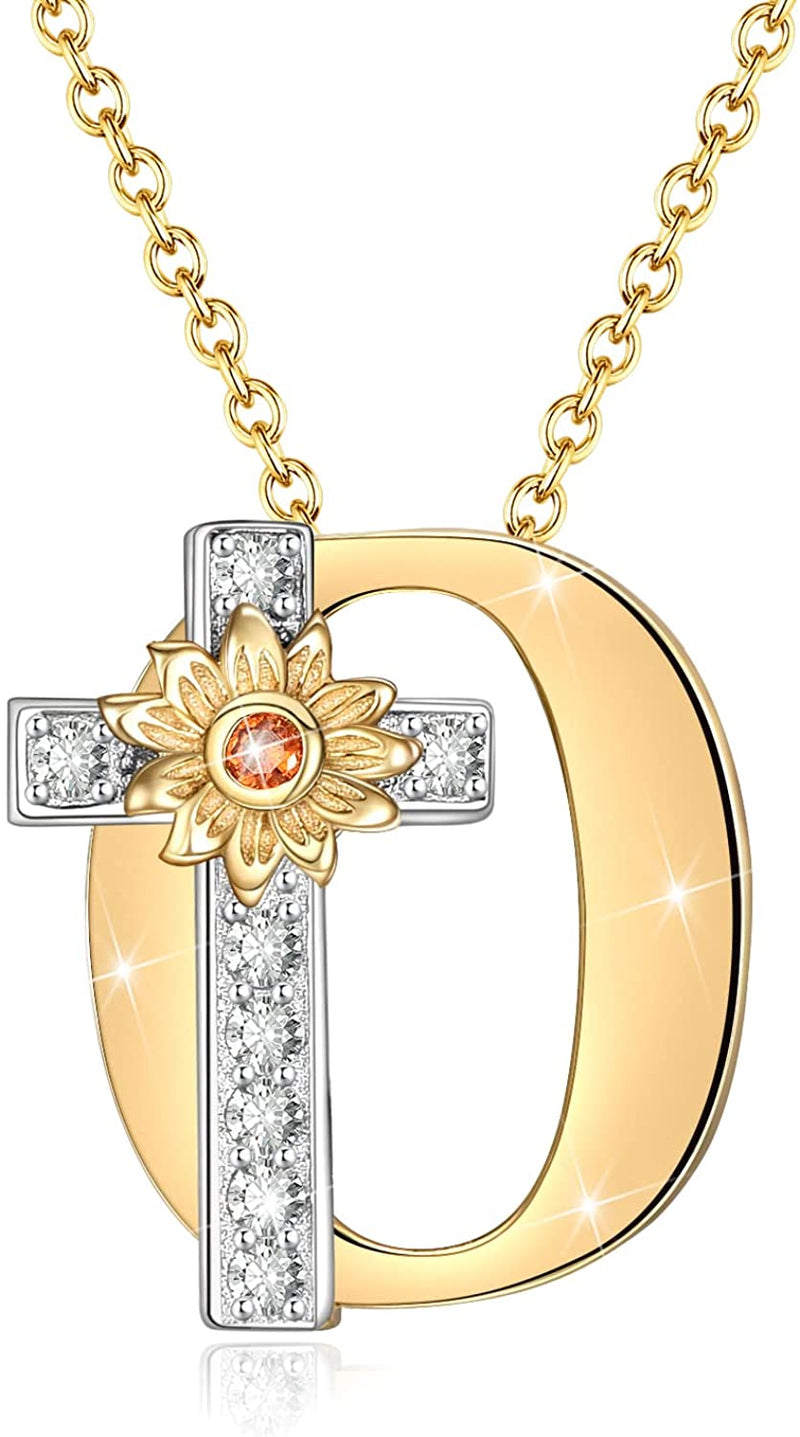 Initial Sunflower Cross Sterling Silver Necklace