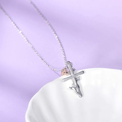 Rose Flower Cross Sterling Silver Necklace