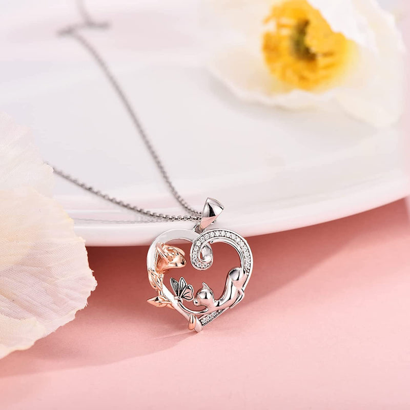 Rose Love Heart Cat Sterling Silver necklace