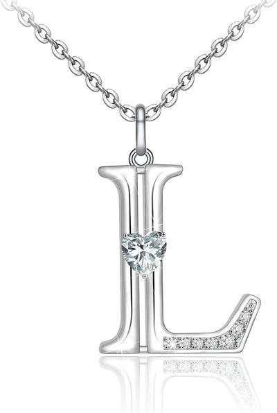 Initial Letter Heart Cubic Zirconia Sterling Silver Necklace