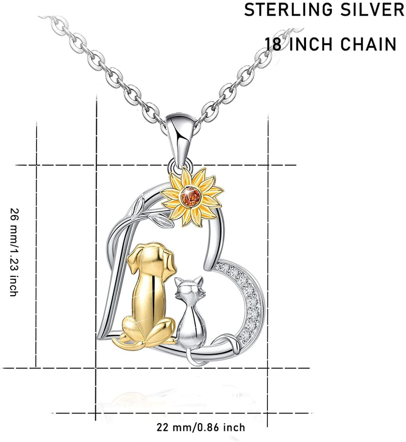 Cat And Dog Sunflower Heart Sterling Silver Necklace