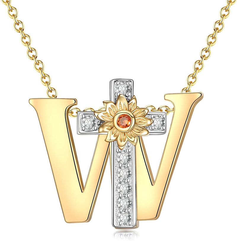 Initial Sunflower Cross Sterling Silver Necklace