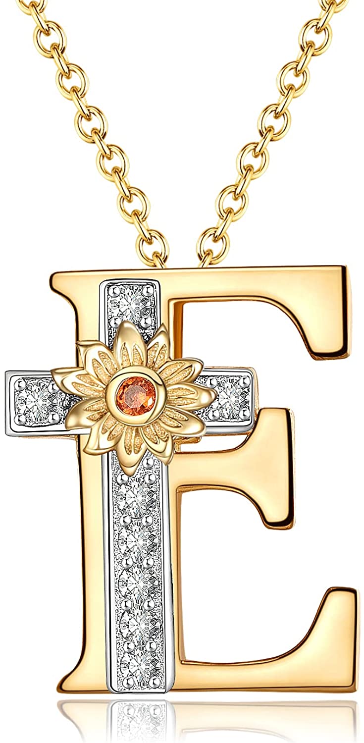 Initial Sunflower Cross Sterling Silver Necklace