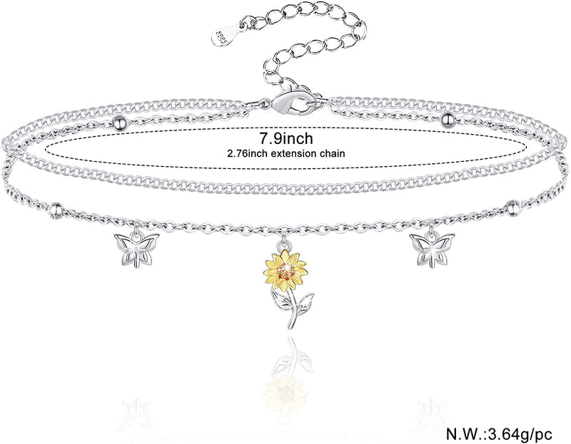 Sunflower Butterfly Sterling Silver Anklet