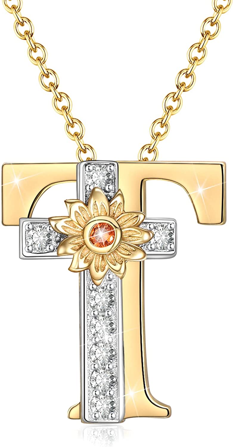 Initial Sunflower Cross Sterling Silver Necklace