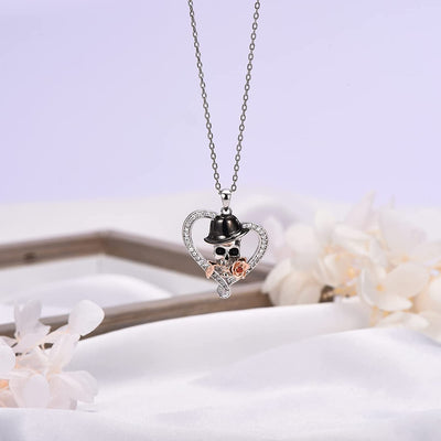 Goth Skull Rose Heart Sterling Silver Necklace
