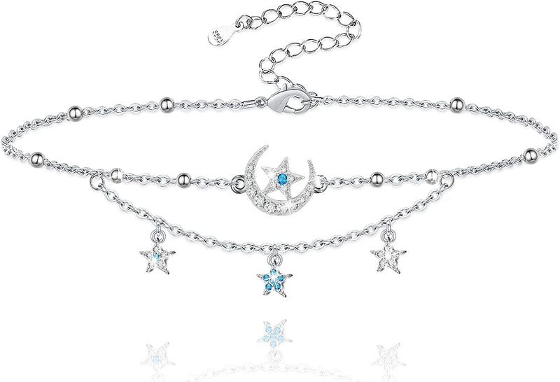 Universe Moon Star Layered Sterling Silver Anklet Bracelet