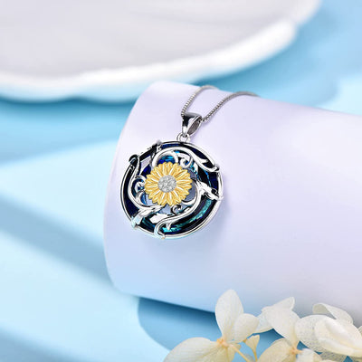 Sunflower With Blue Crystal Sterling Silver Necklace