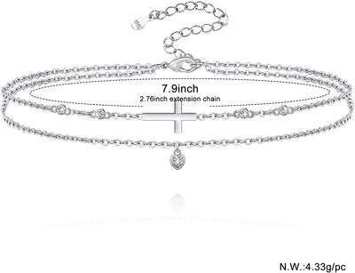 Cross Heart Double Layered Sterling Silver Anklet