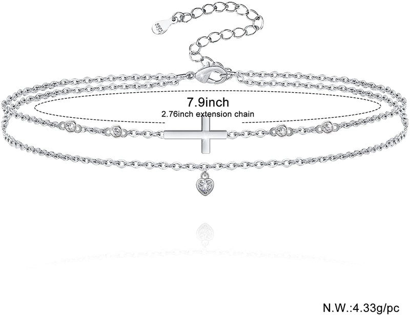 Cross Heart Double Layered Sterling Silver Anklet