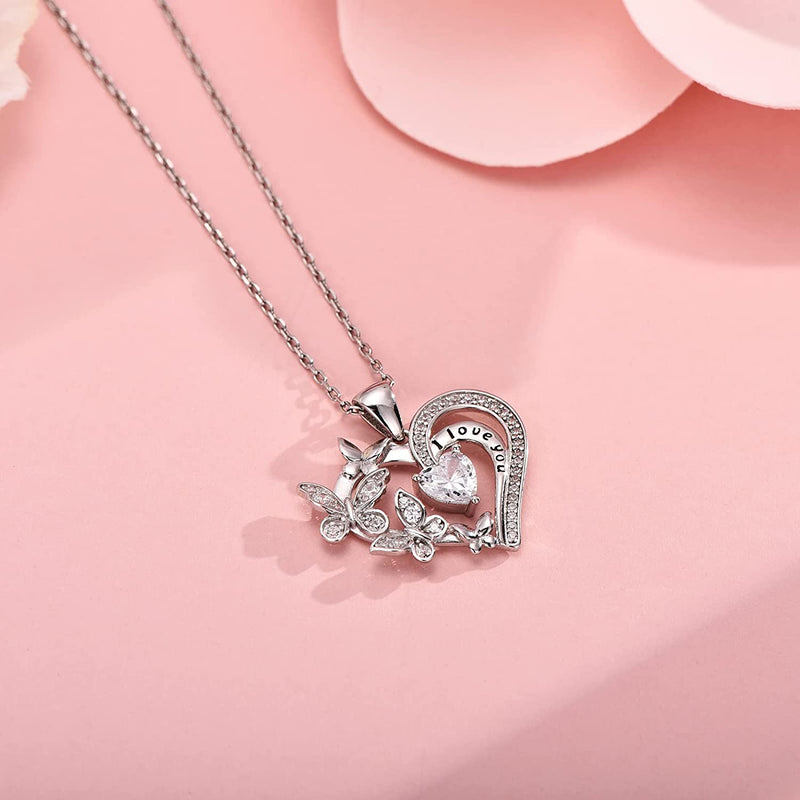Double Butterfly Heart Sterling Silver Necklace