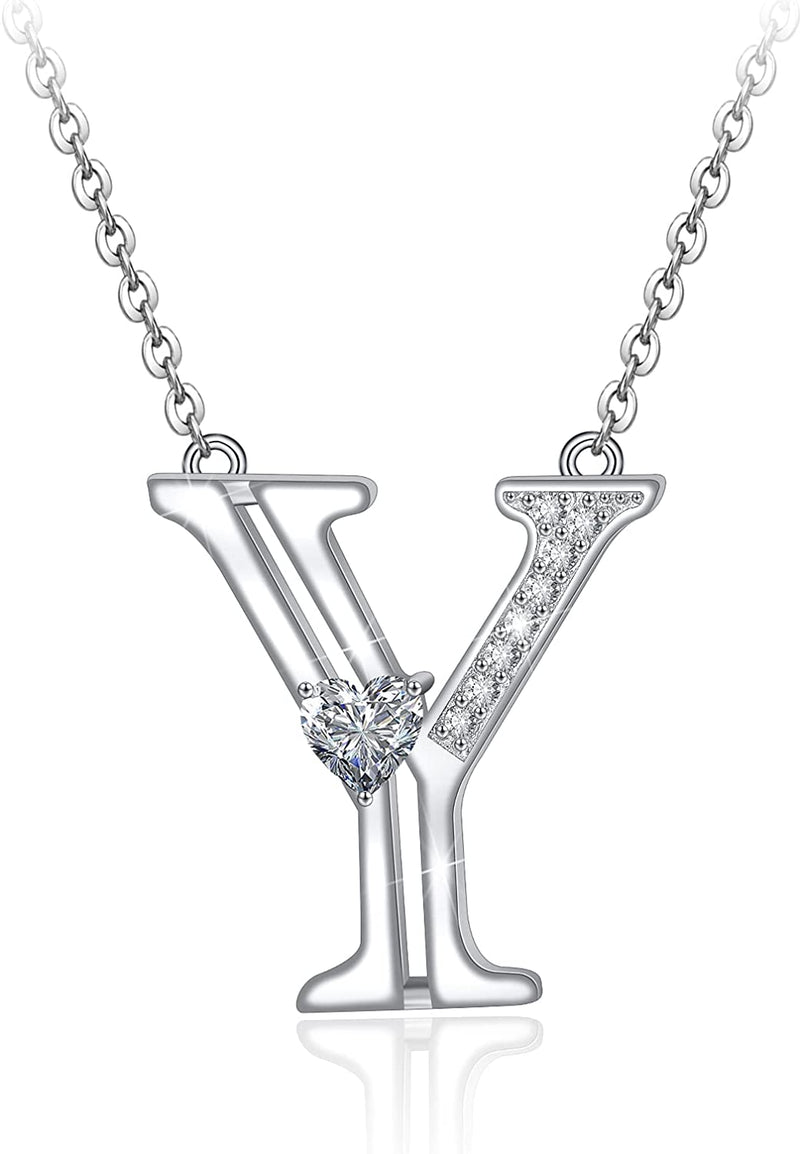 Initial Letter Heart Cubic Zirconia Sterling Silver Necklace