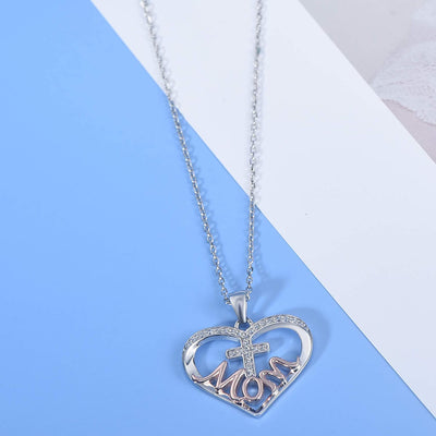 Mom Cross Love Heart Sterling Silver Necklace