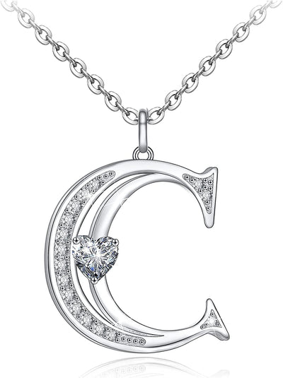 Initial Letter Heart Cubic Zirconia Sterling Silver Necklace