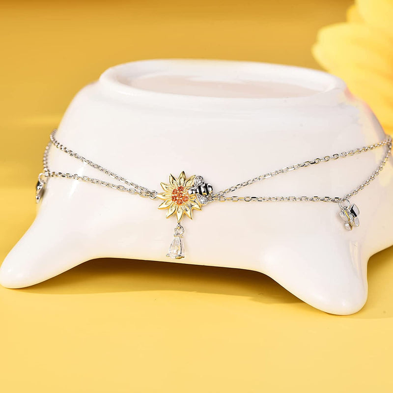 Sunflower And Bee Sterling Silver Anklet