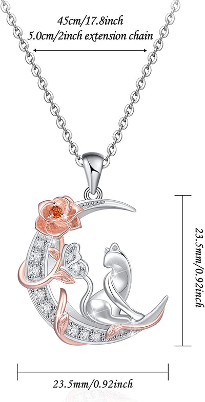 Rose Cat on Moon Sterling Silver Necklace