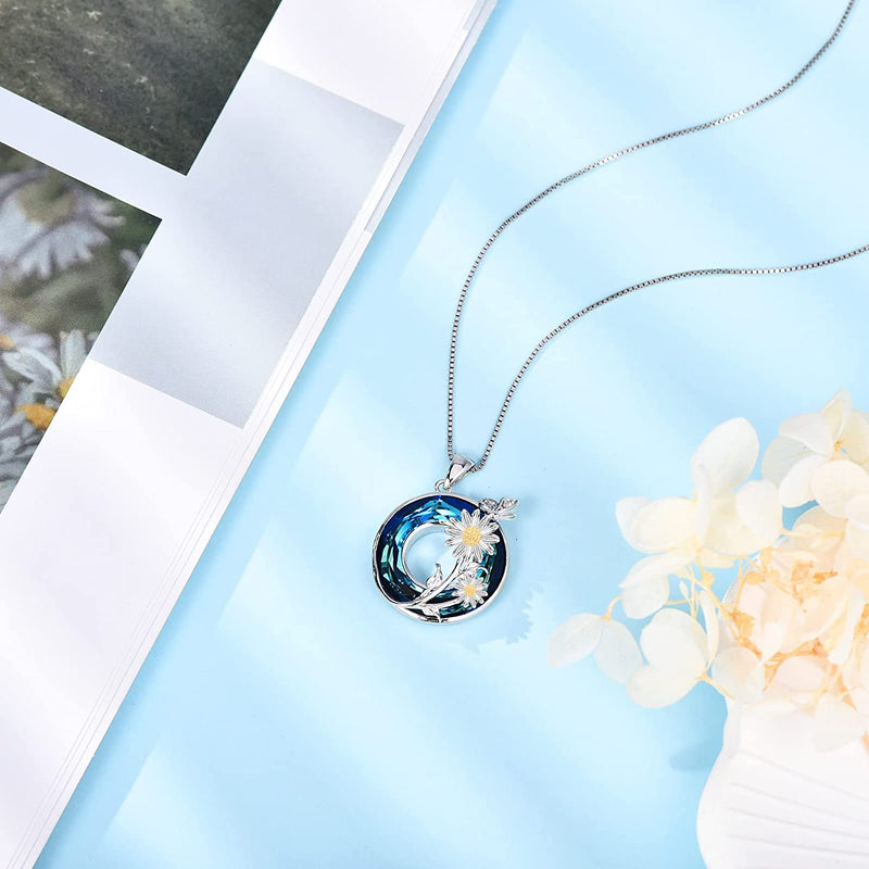 Daisy With Blue Crystal Sterling Silver Necklace