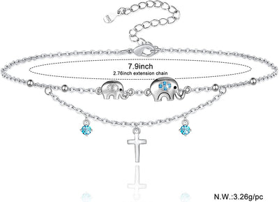 Double Elephant Cross Sterling Silver Anklet