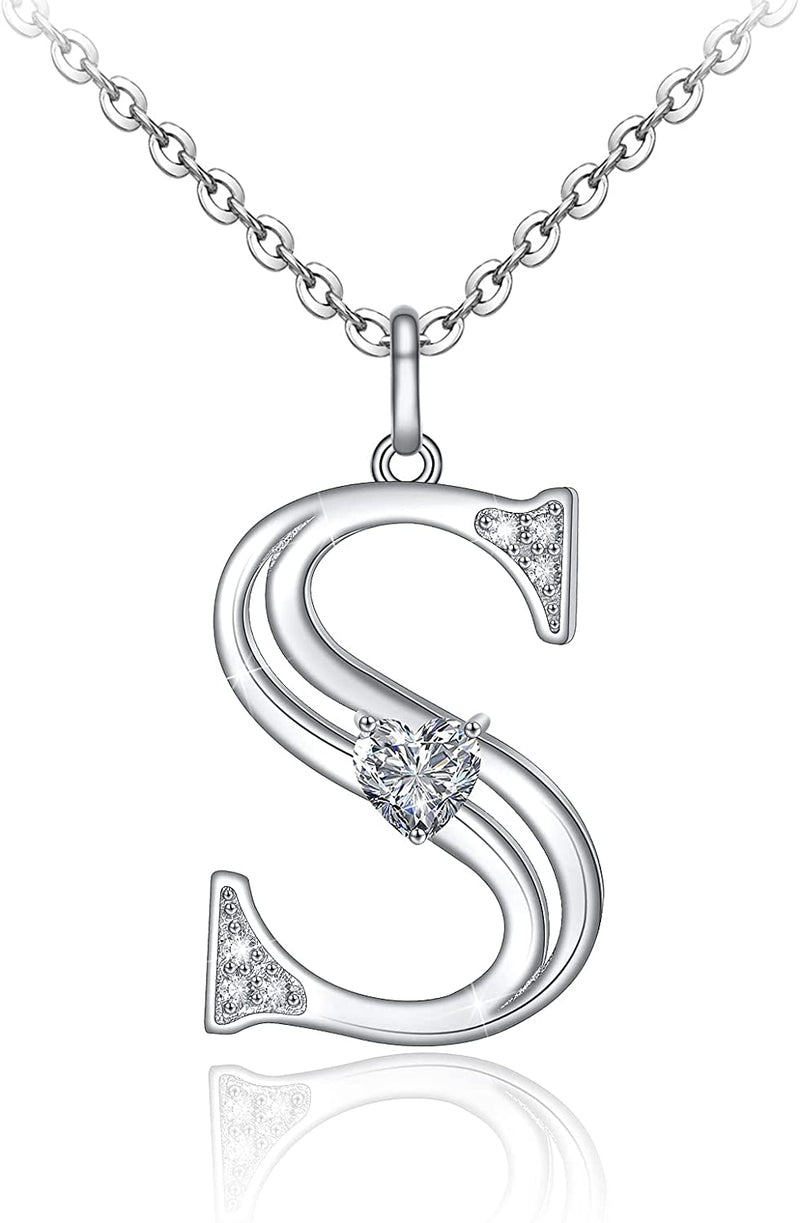 Initial Letter Heart Cubic Zirconia Sterling Silver Necklace