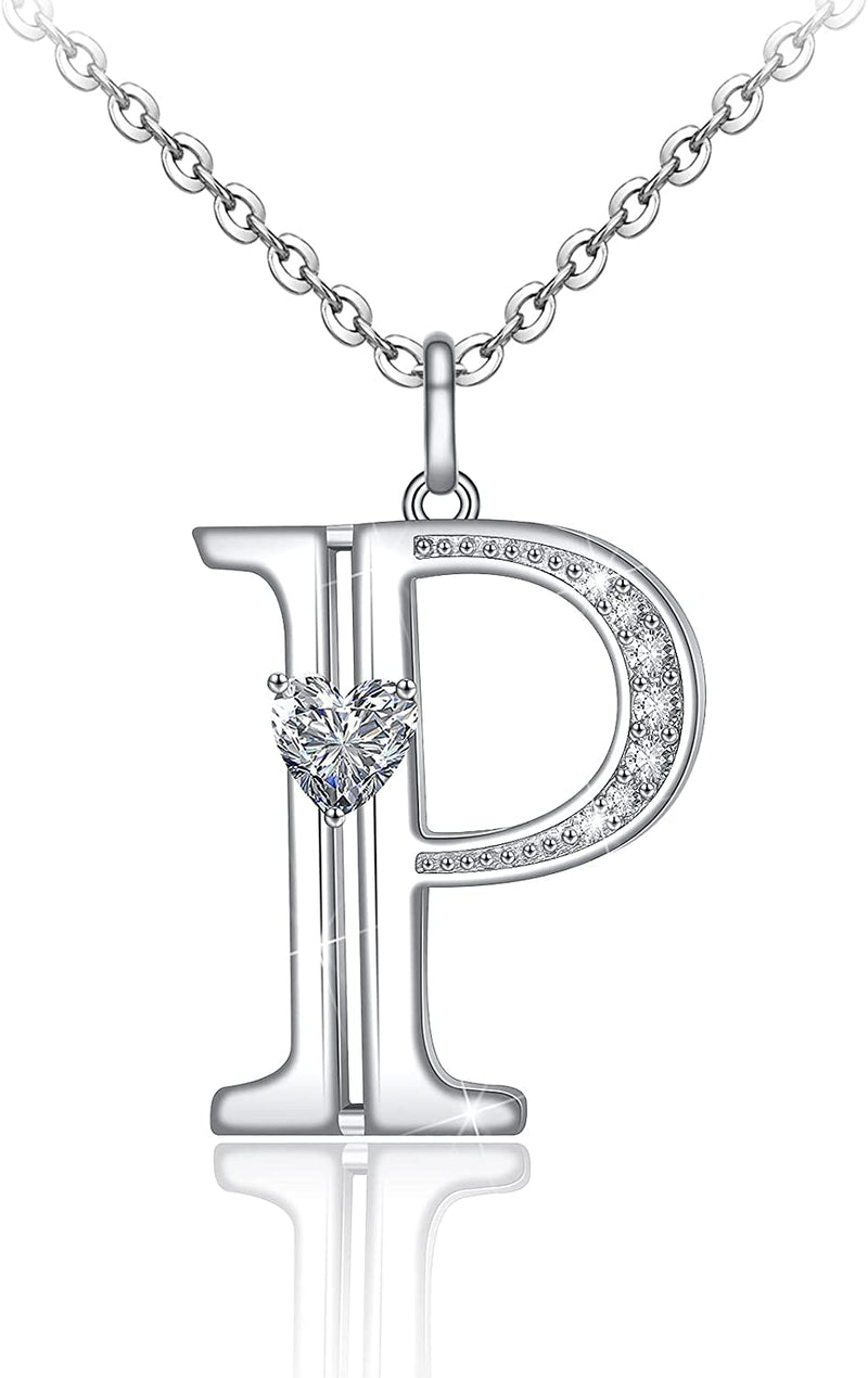 Initial Letter Heart Cubic Zirconia Sterling Silver Necklace