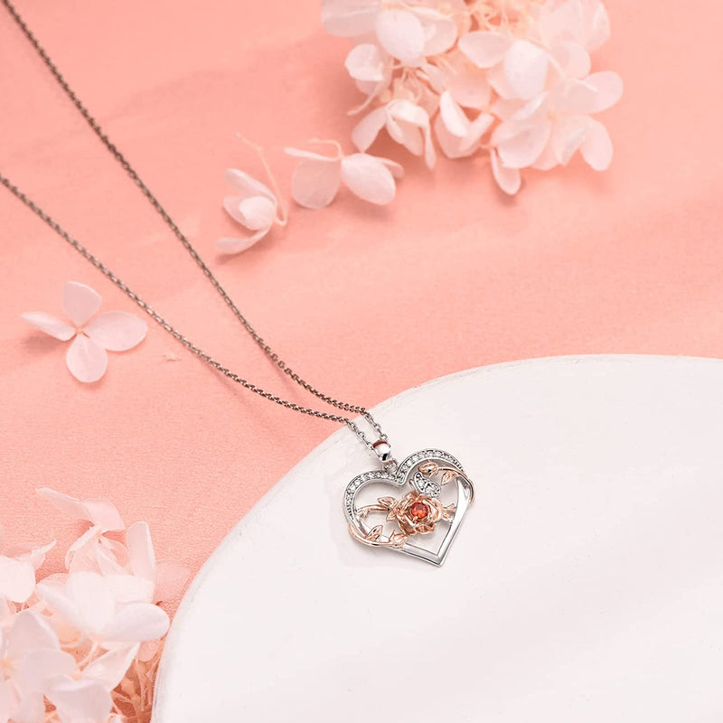Rose Flower Heart Sterling Silver Necklace