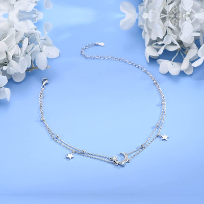 Universe Moon Star Layered Adjustable Sterling Silver  Anklet Bracelet