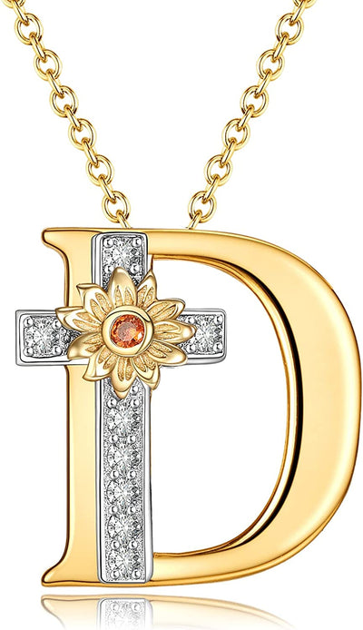 Initial Sunflower Cross Sterling Silver Necklace