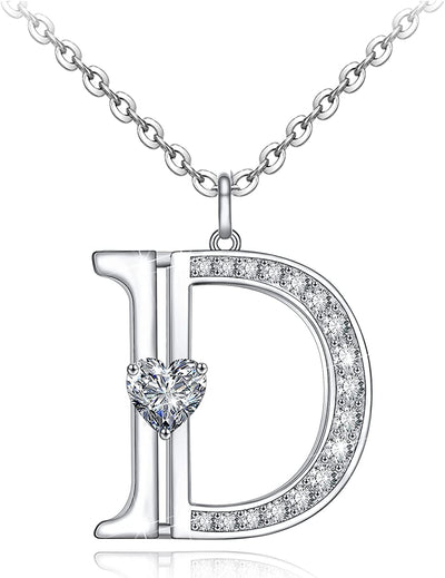 Initial Letter Heart Cubic Zirconia Sterling Silver Necklace