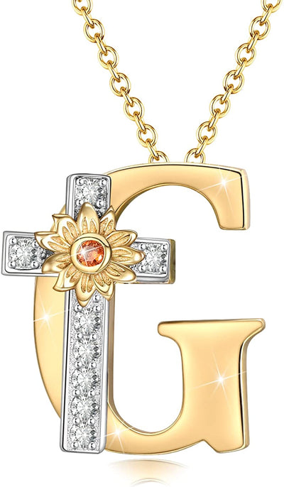 Initial Sunflower Cross Sterling Silver Necklace