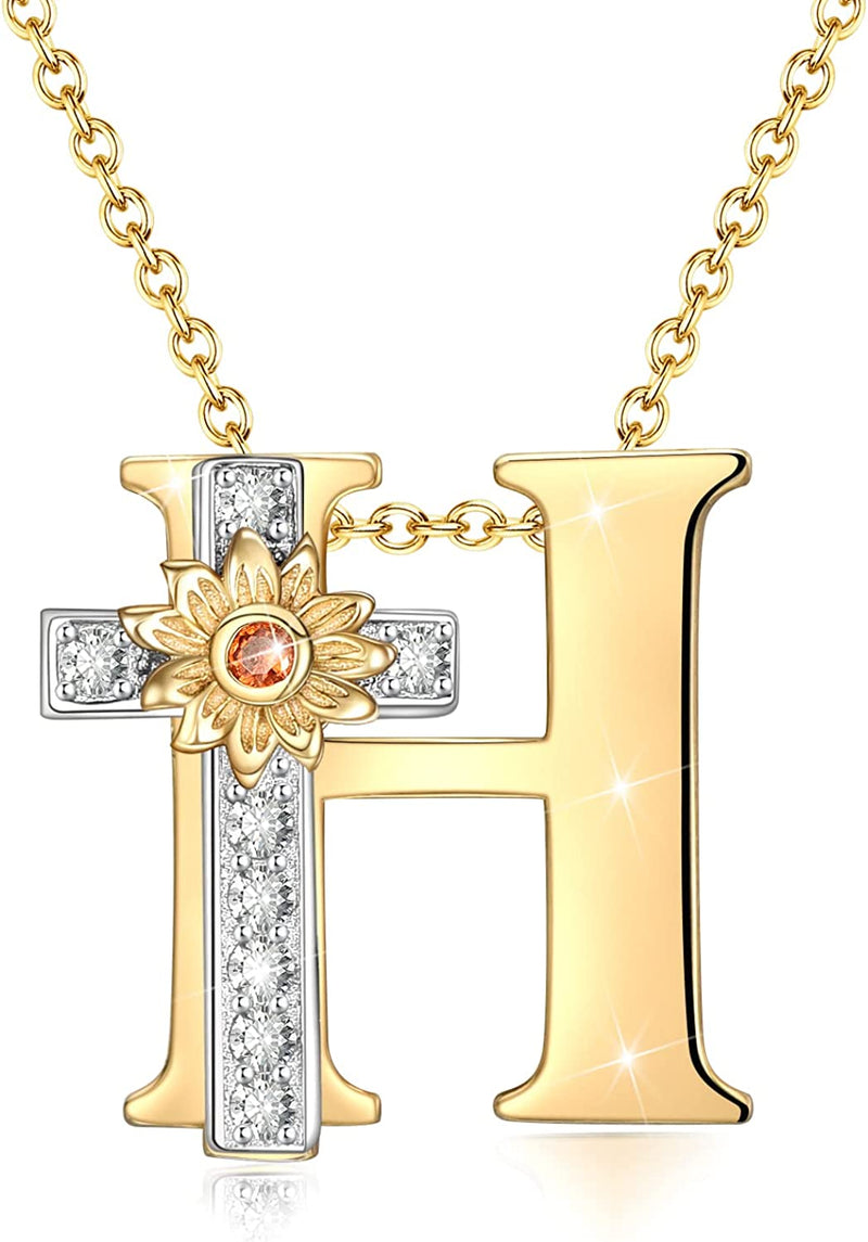Initial Sunflower Cross Sterling Silver Necklace