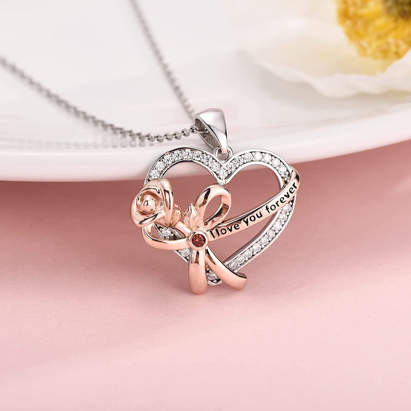 Rose Love Heart Bow Sterling Silver Necklace