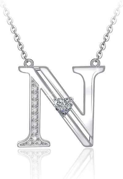 Initial Letter Heart Cubic Zirconia Sterling Silver Necklace