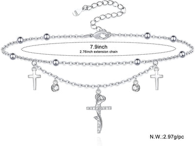 Cross Rose Sterling Silver Anklet