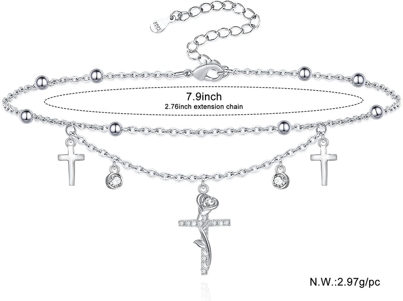 Cross Rose Sterling Silver Anklet