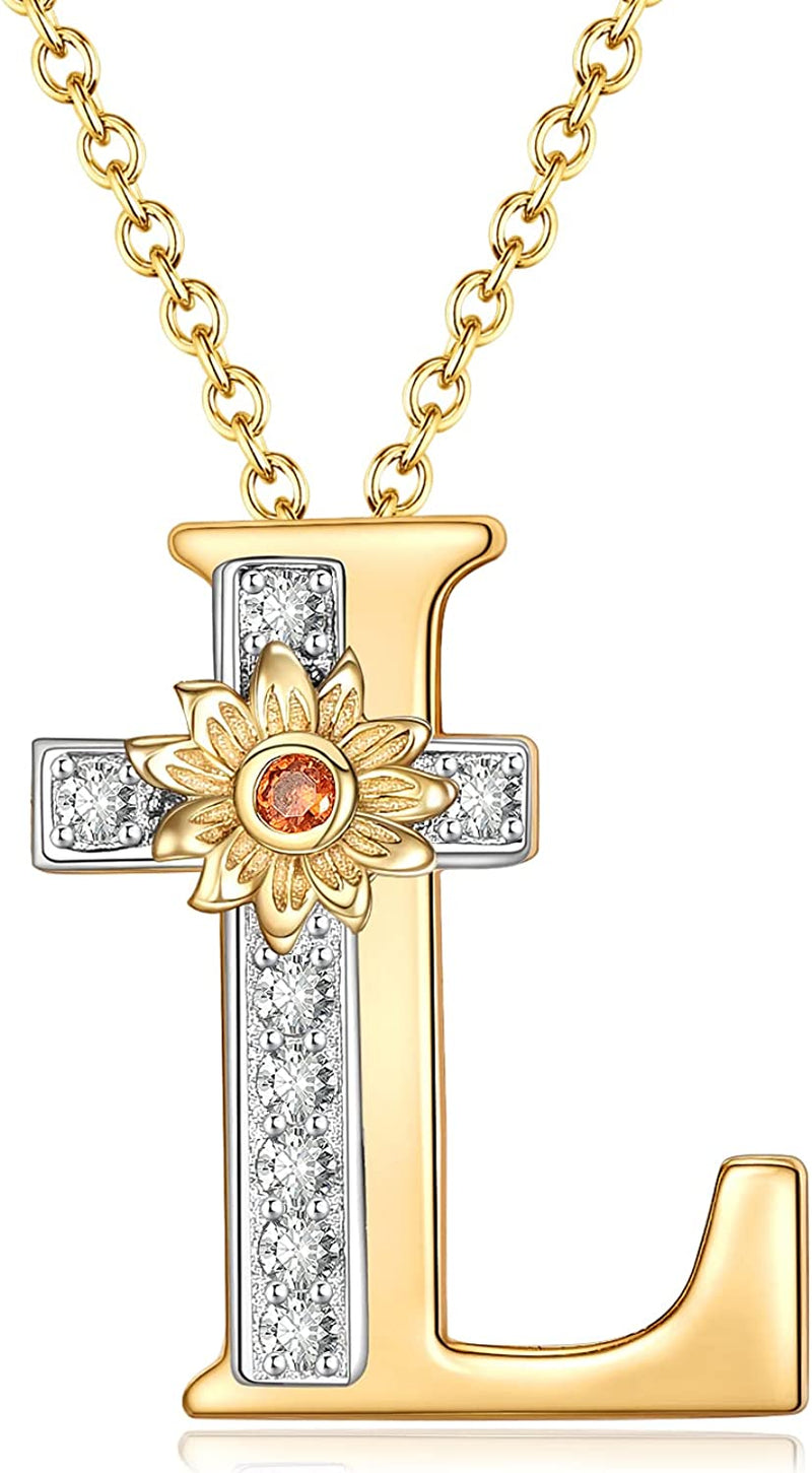 Initial Sunflower Cross Sterling Silver Necklace