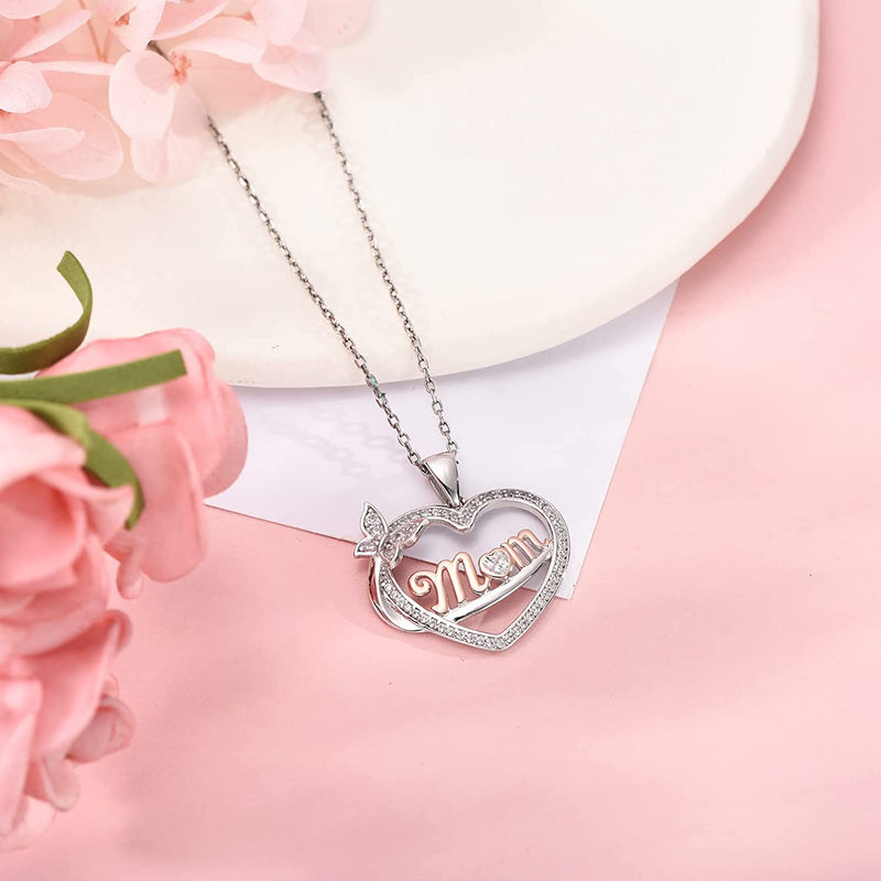 Mom Love Heart Sterling Silver Necklace